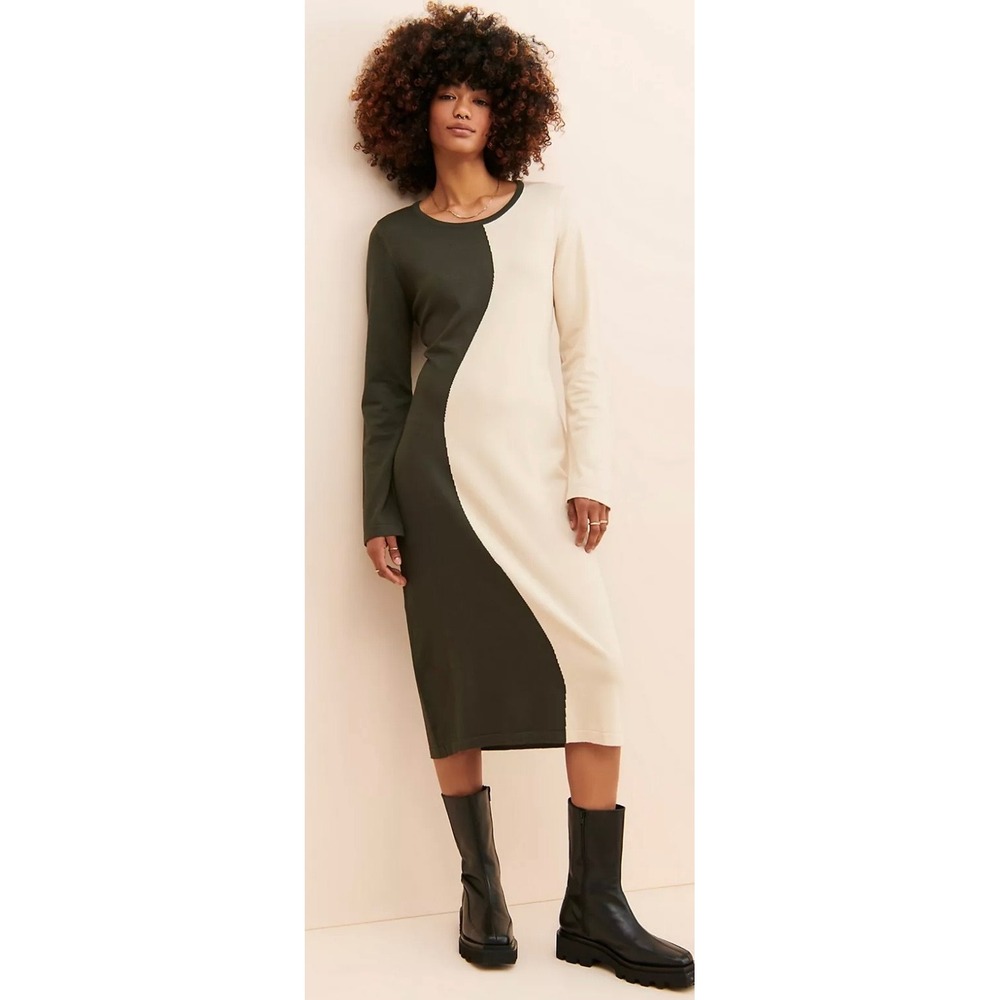 Little Lies Wave Knitted Midi Dress Olive Cream Size Small Retro 70s